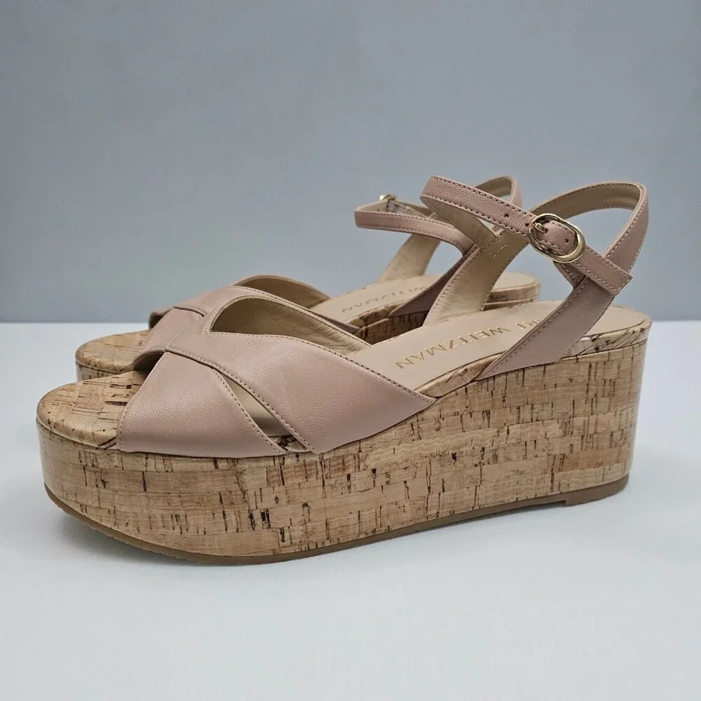 Stuart Weitzman Carmen Midi Wedge Sandal Womens 9.5 Beige Tan Platform Cork